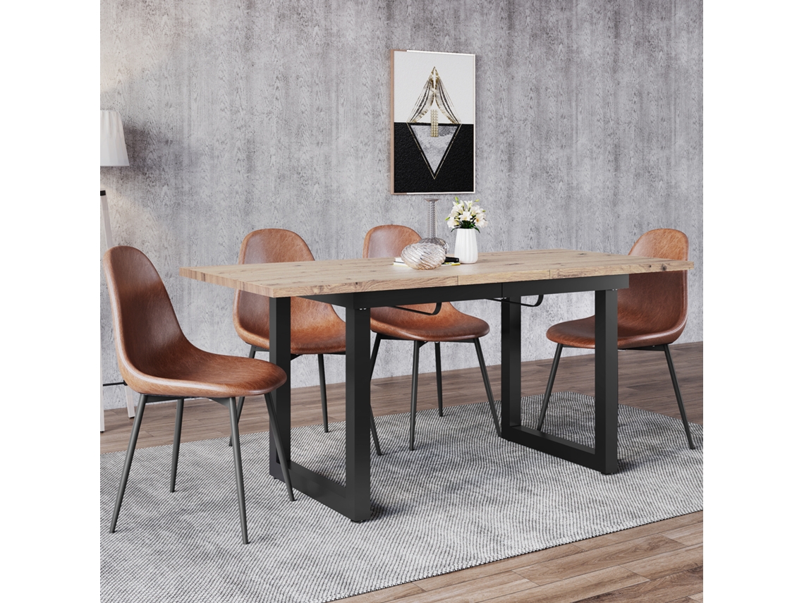 Mesa De Jantar Extensível 140/180x80x75cm Estilo Industrial Retangular Em Ferro E Mdf Com Acabamento Carvalho E Preto Moderna E Multifuncional Quenty
