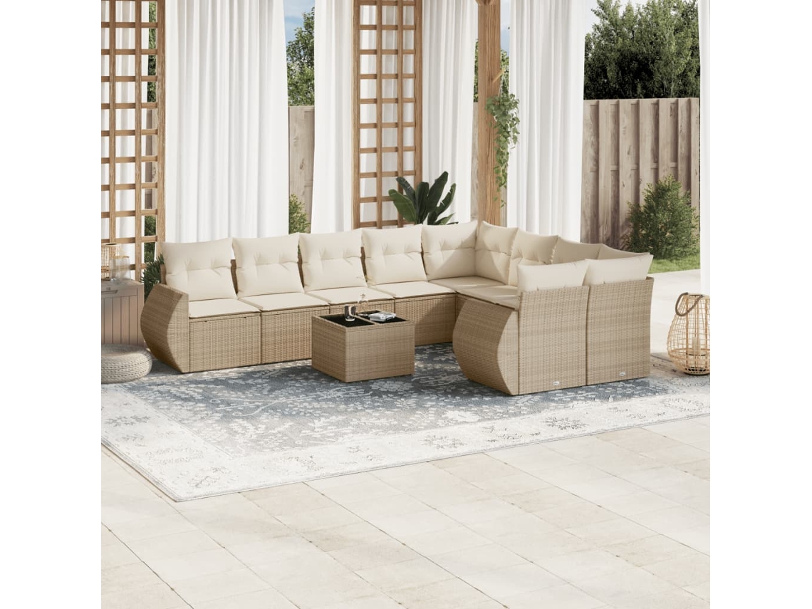 Conjunto 10 de sofás p/ jardim com almofadões VIDAXL vime PE bege