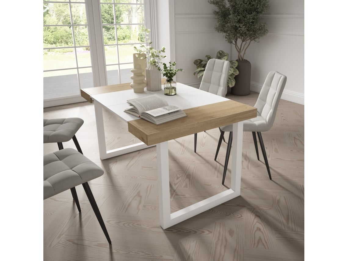 DUERMETE ONLINE Mesa Consola Extensível Cozinha Sala de Jantar 140 para 6 Pessoas Pés de Madeira Estilo Moderno Carvahlo e Branco