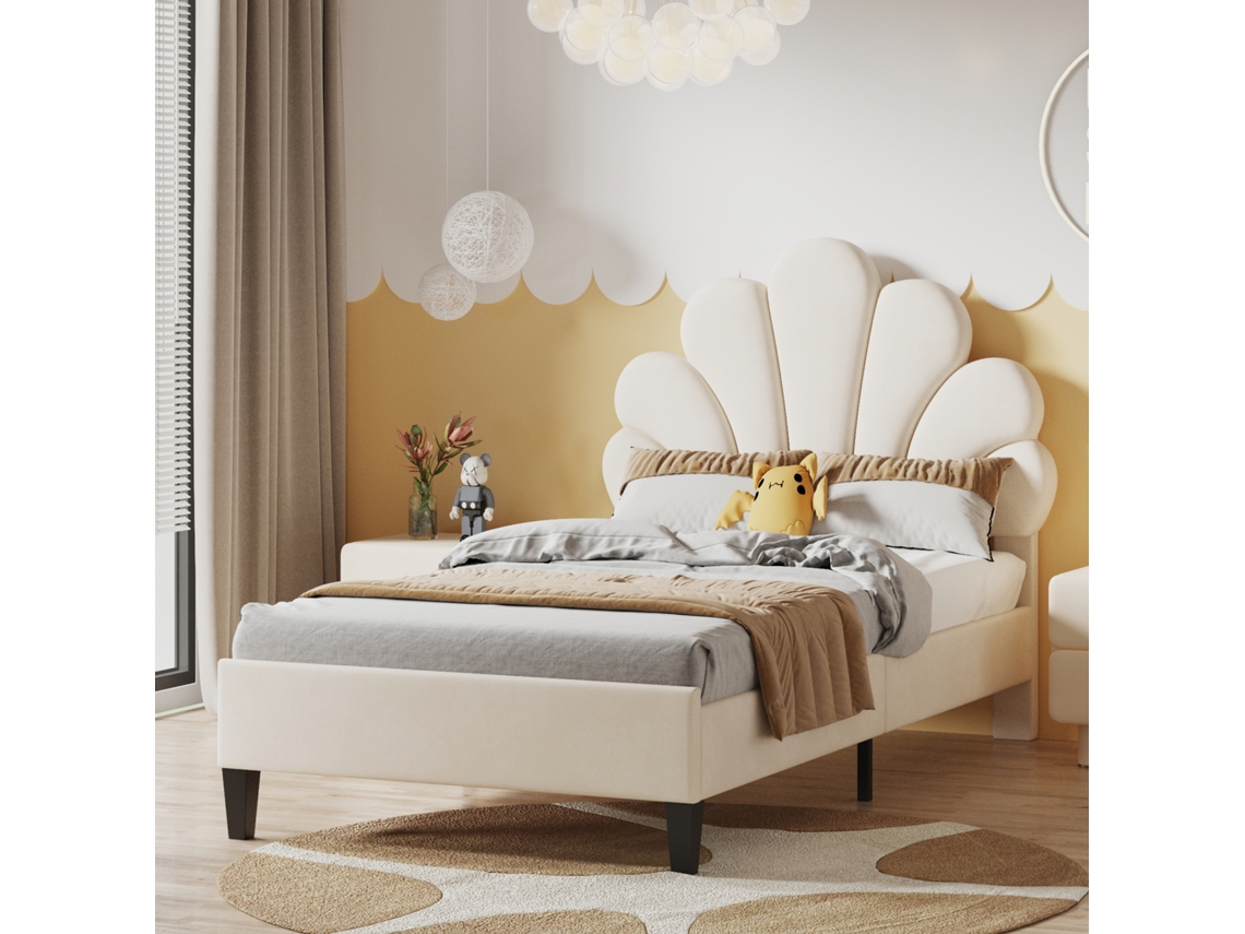 Cama Infantil De 90x200 Cm, Cama De Solteiro, Cama Para Meninas, Cabeceira Ajustável Em Altura, Cabeceira Floral, Cama Estofada, Veludo. Rosahqnda