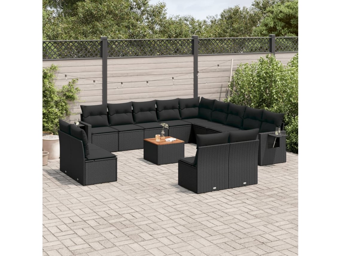 Conjunto 14 de sofás p/ jardim c/ almofadões VIDAXL vime PE preto