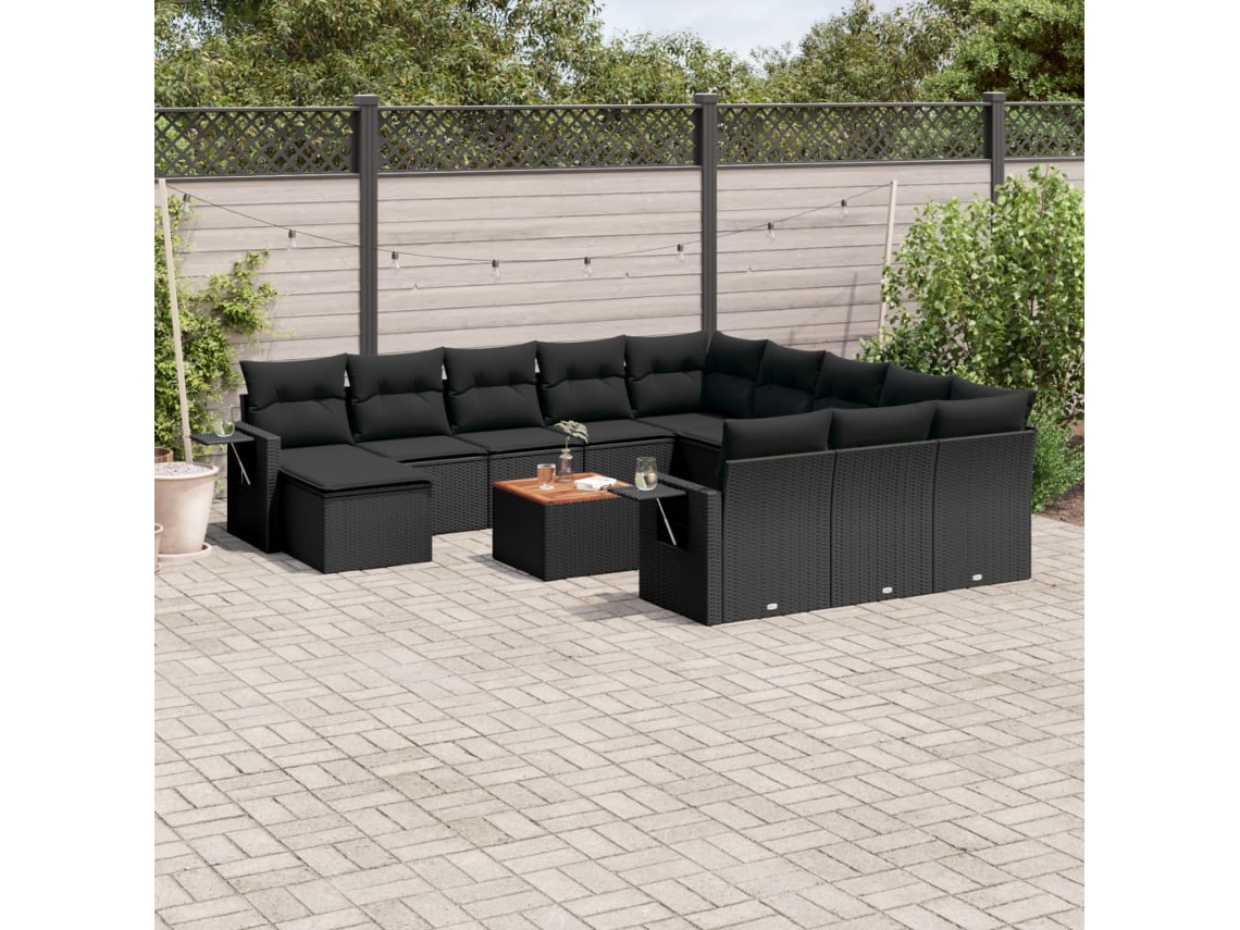 Conjunto 13 de sofás de jardim com almofadões VIDAXL vime PE preto