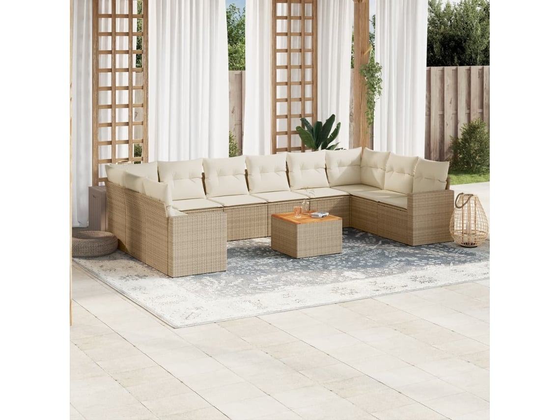 Conjunto 11 sofás de jardim c/ almofadões VIDAXL vime PE bege