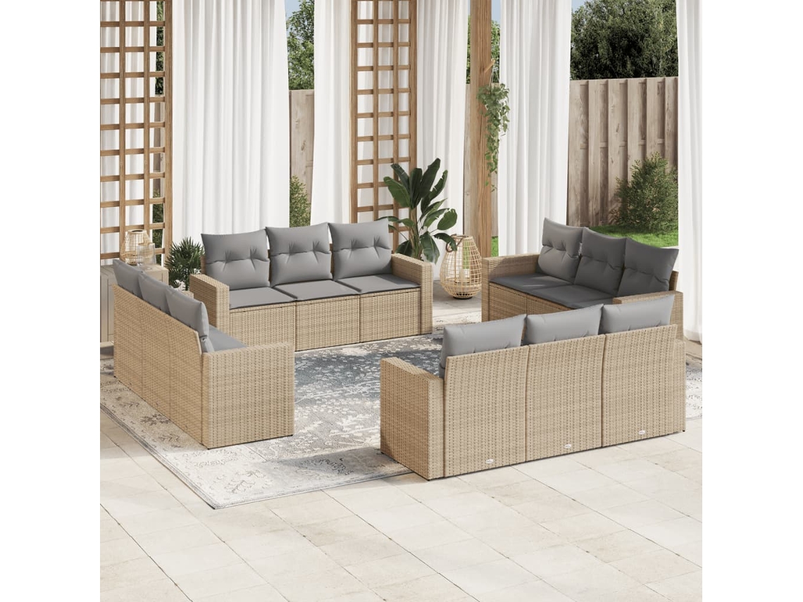 Conjunto 12 de sofás p/ jardim com almofadões VIDAXL vime PE bege