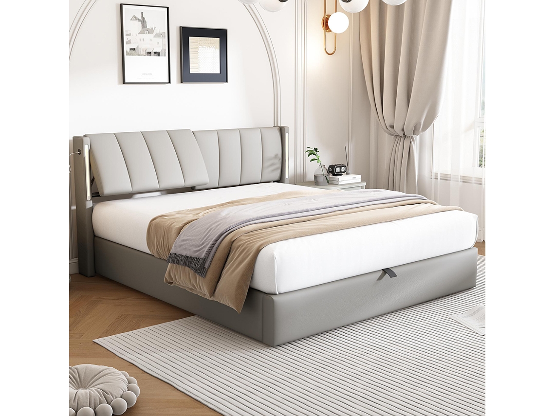 Cama Com Arrumação Estofada Hidráulica Iluminação Led Gutent Pele Sintética Cinzento (140x190)