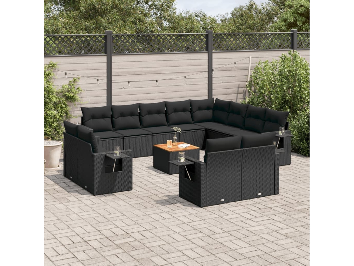 Conjunto 13 de sofás de jardim com almofadões VIDAXL vime PE preto