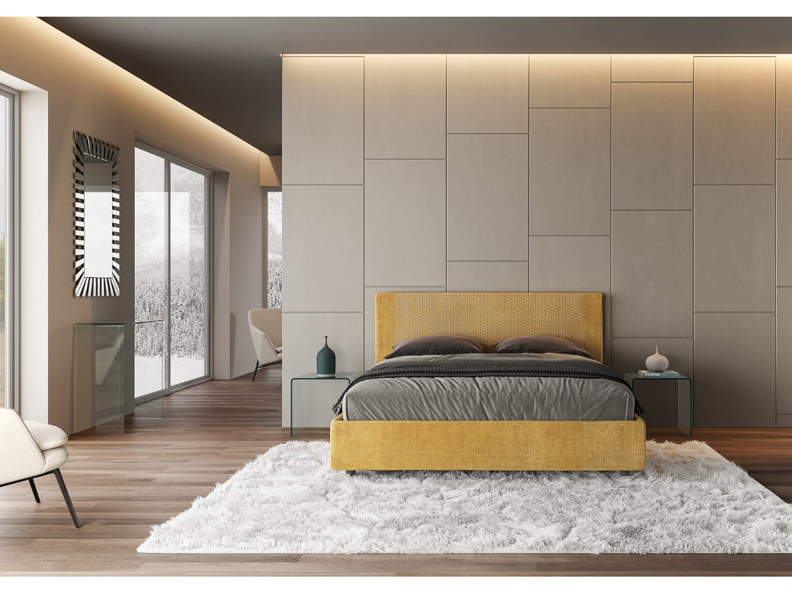 Cama de Casal Queen Size com Arrumação Estofada RosalITYHOME (160 x 210 cm - Paneles de Melamina y tejido)