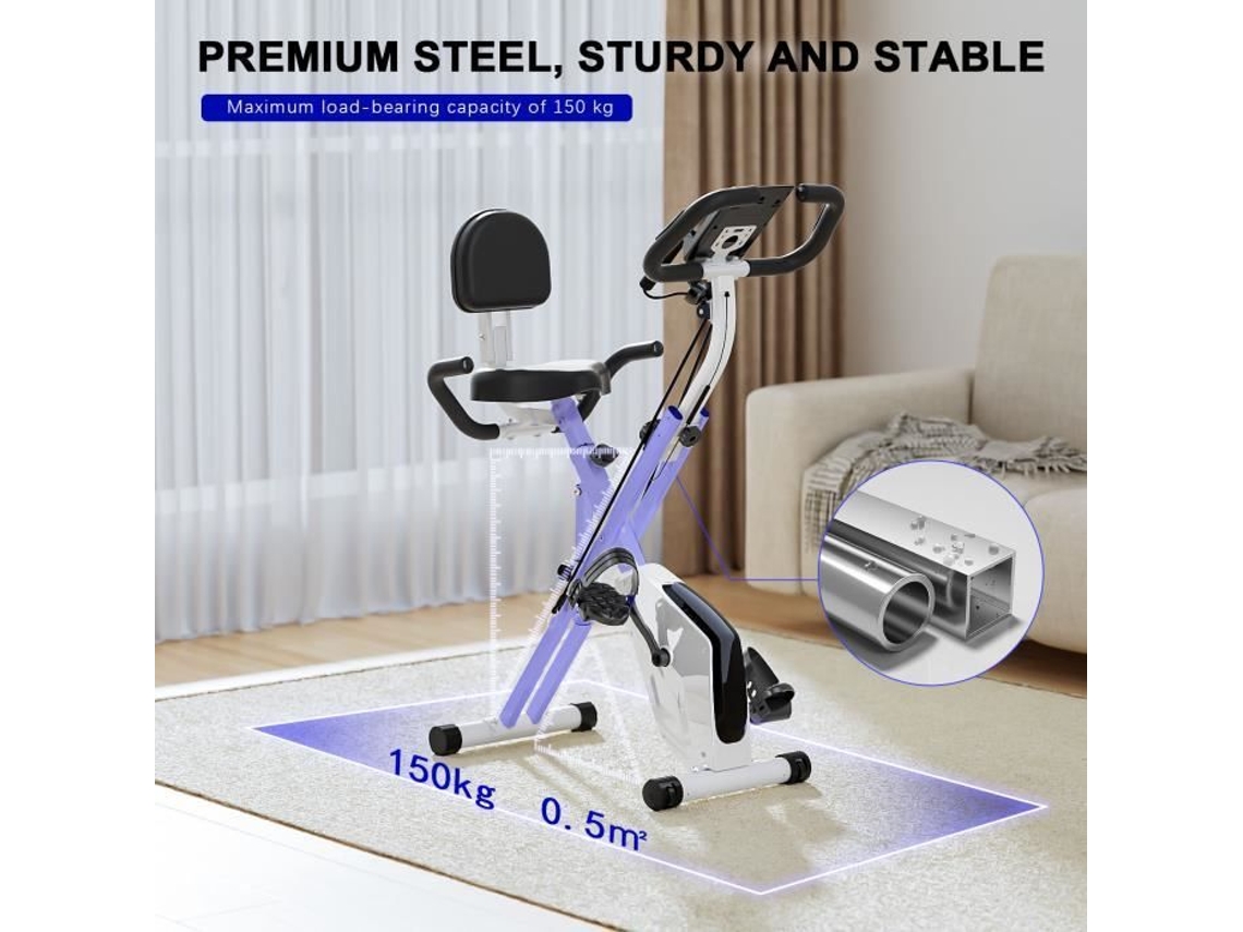 Bicicleta Estática Dobrável Volante de 2 5 kg 8 Níveis de Resistência Ajustáveis com Encosto e Cordão Branco BIGZZIA