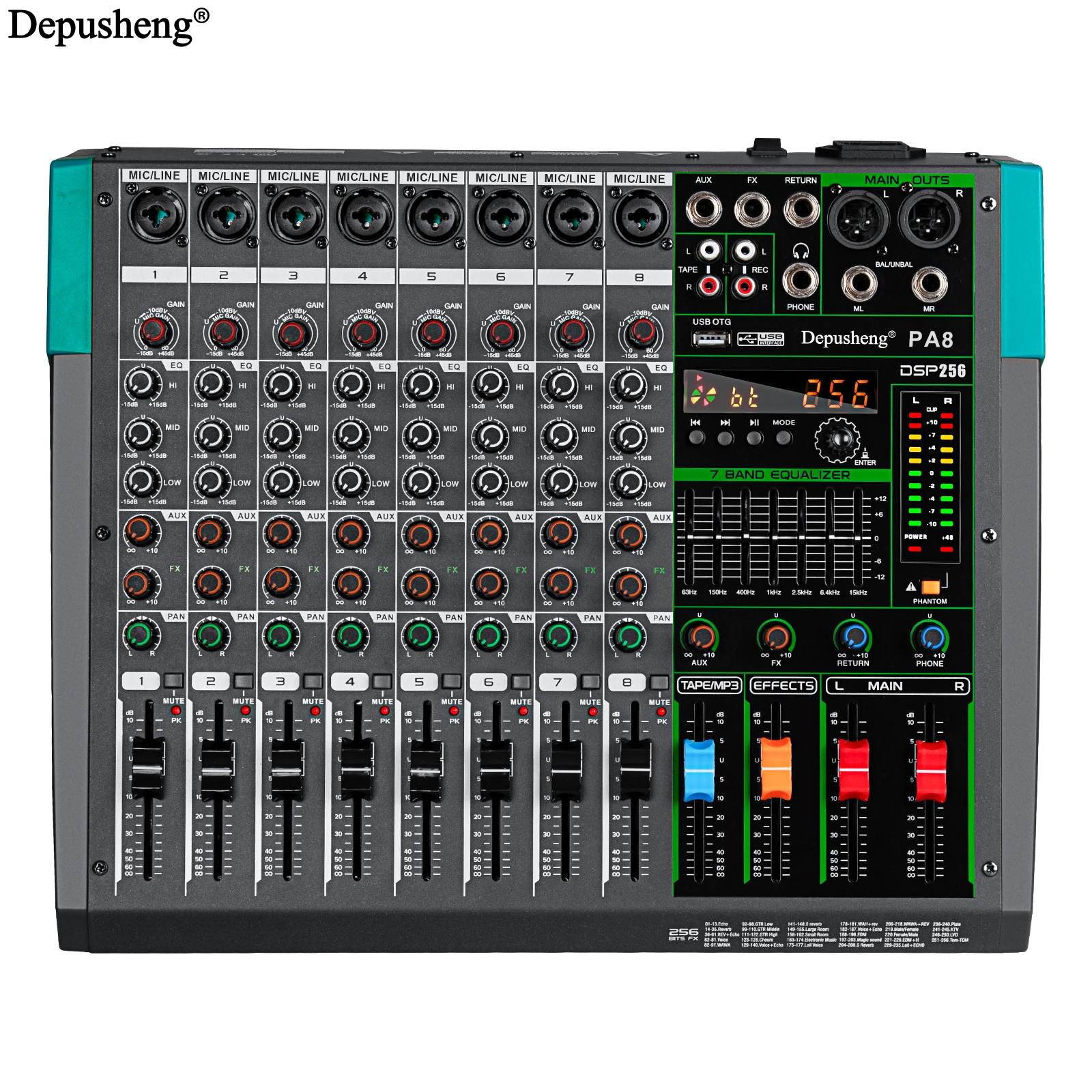 Mesa de áudio, conectividade USB, efeitos DSP 256, Pa8 OEM