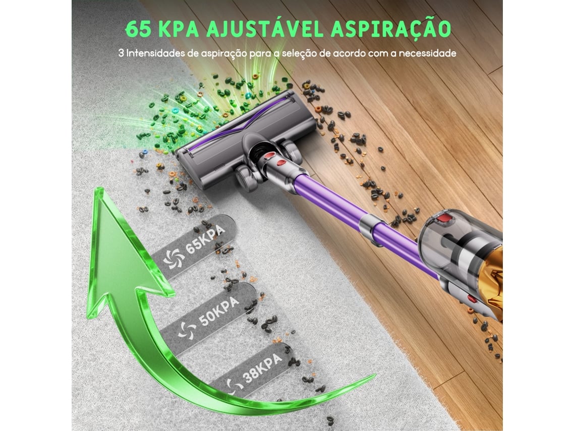 Aspirador de pó vertical sem fio de 600 W, 65.000 Pa, 3 níveis de potência, visor LED, autonomia de 70 minutos, tanque de 1,8 L, ideal para carpetes, pisos duros e pelos de animais.