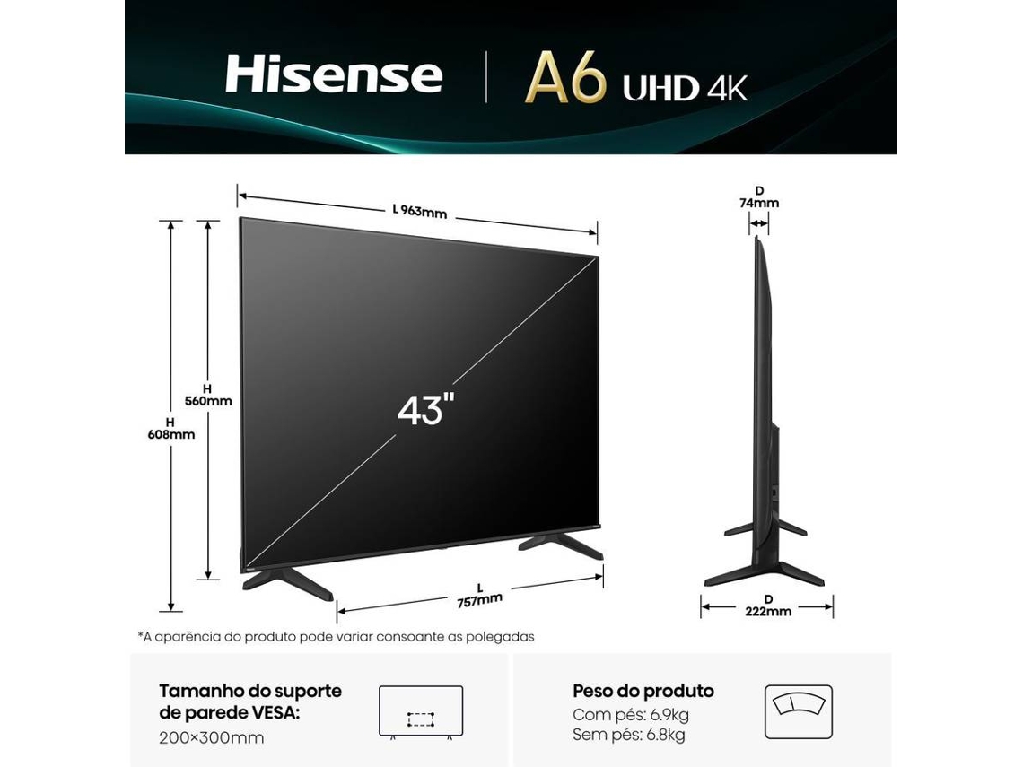 TV HISENSE 43A6Q (LED - 43'' - 108 cm - 4k Ultra HD - Smart TV)