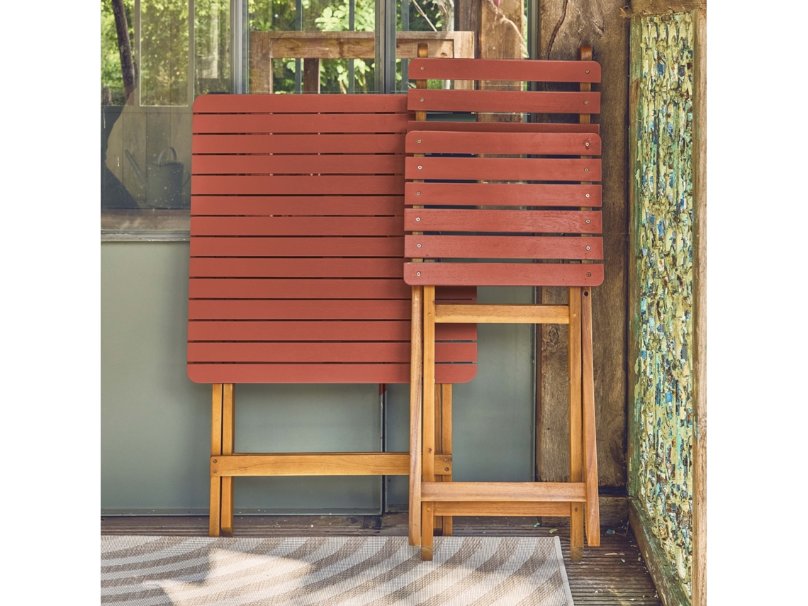 Mesa De Jardim Em Madeira De Acácia, 2 Cadeiras Dobráveis, Terracota Sweeek
