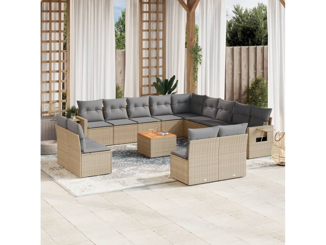 Conjunto 14 de sofás p/ jardim com almofadões VIDAXL vime PE bege