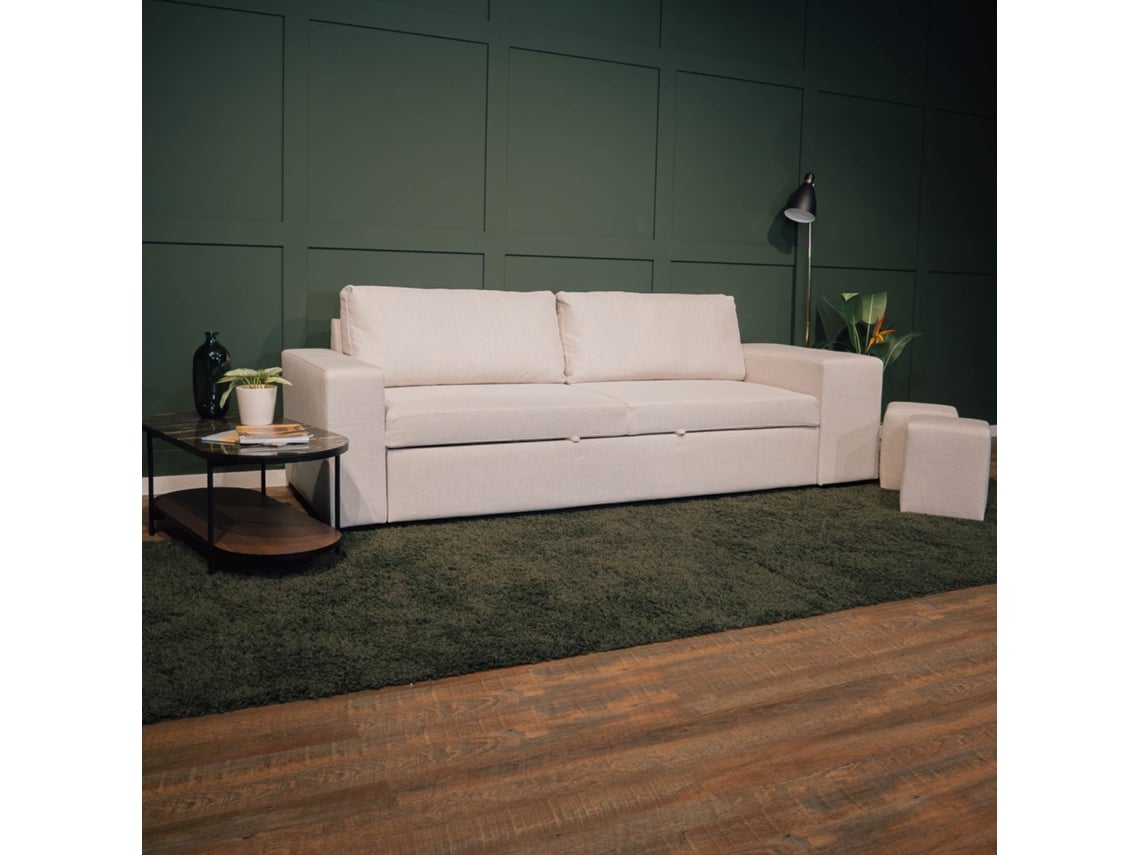 Sofá Cama 3 Lugares BUDWING Avery Bege + Chaise Longue + 2 Pufes (248 x 117 x 90 cm - Reversível Lado Direito/Esquerdo)