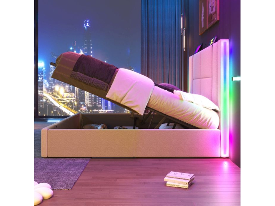 Cama De Casal Função Usb Tipo C Controle App Led 180x200 Armazenamento Da Cama Estrutura Da Cama, Bege Material De Cama (colchão Não Incluído)
