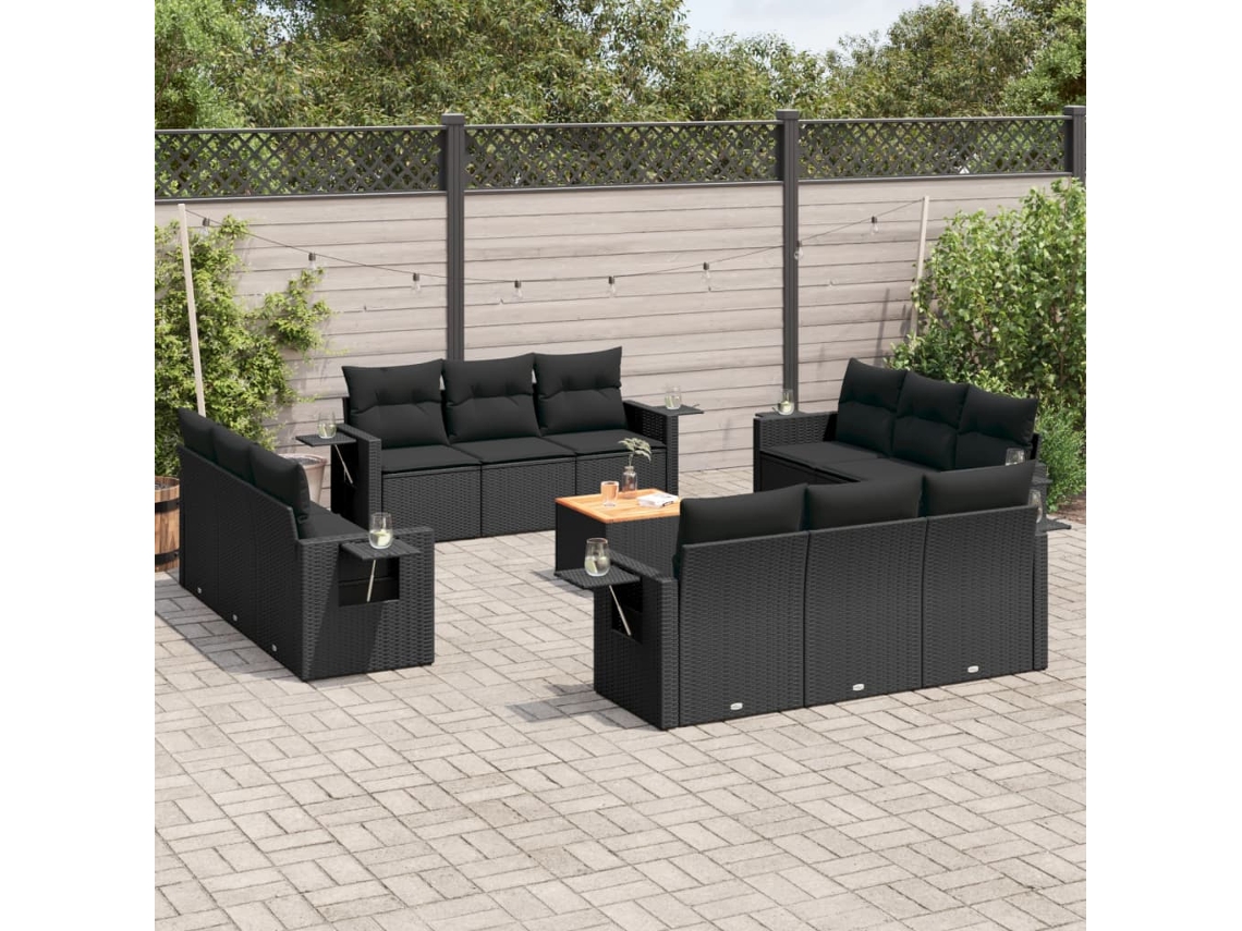 Conjunto 13 de sofás de jardim com almofadões VIDAXL vime PE preto