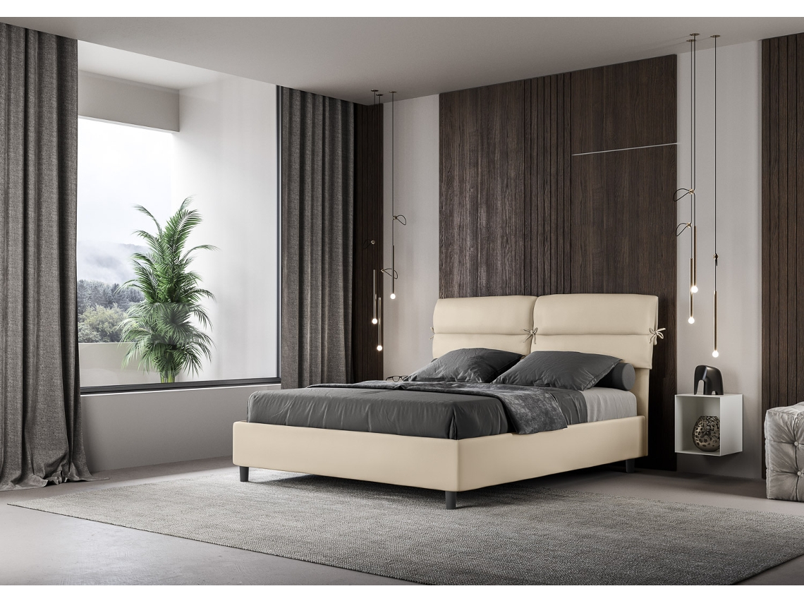 Cama de Casal Queen Size com Arrumação Estofada NandyITYHOME (160 x 200 cm - Painéis de Melamina e Couro Sintético)