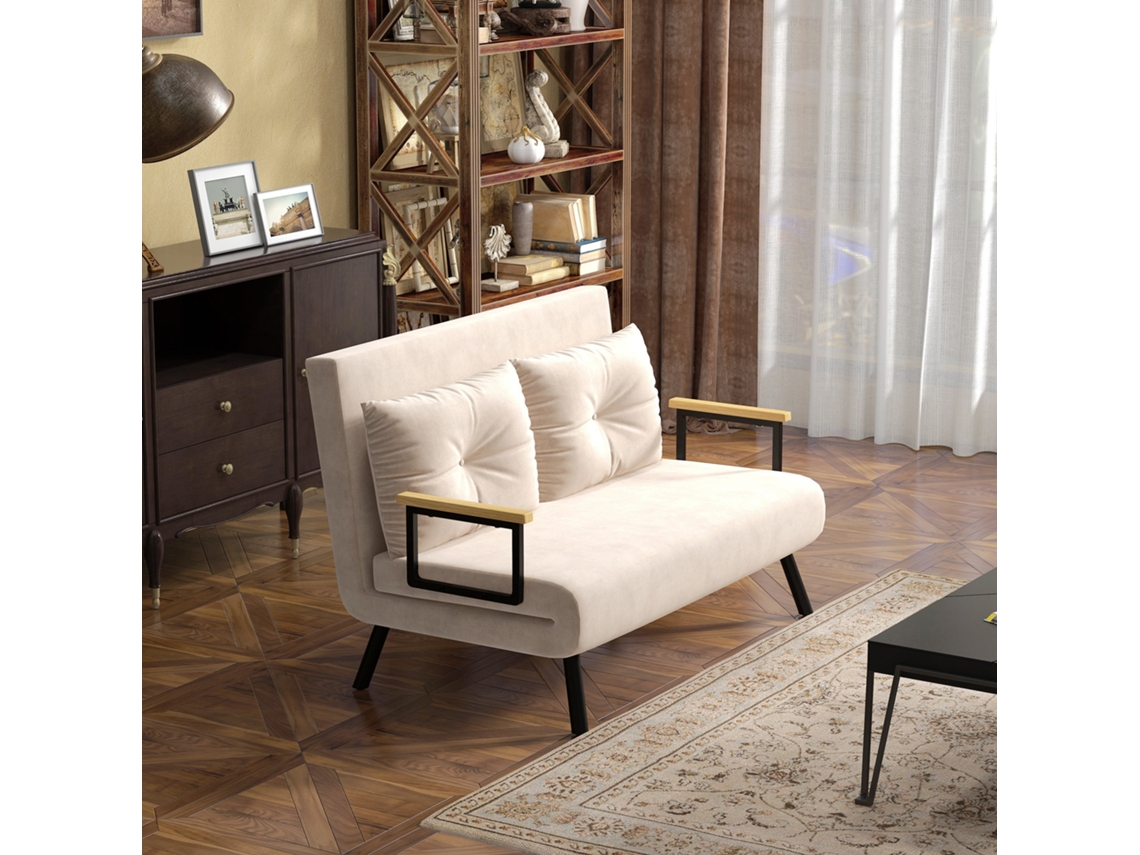 Sofá Cama Aço, Espuma, Poliéster e Madeira de Borracha cor Beige 102x73x81 cm HOMCOM