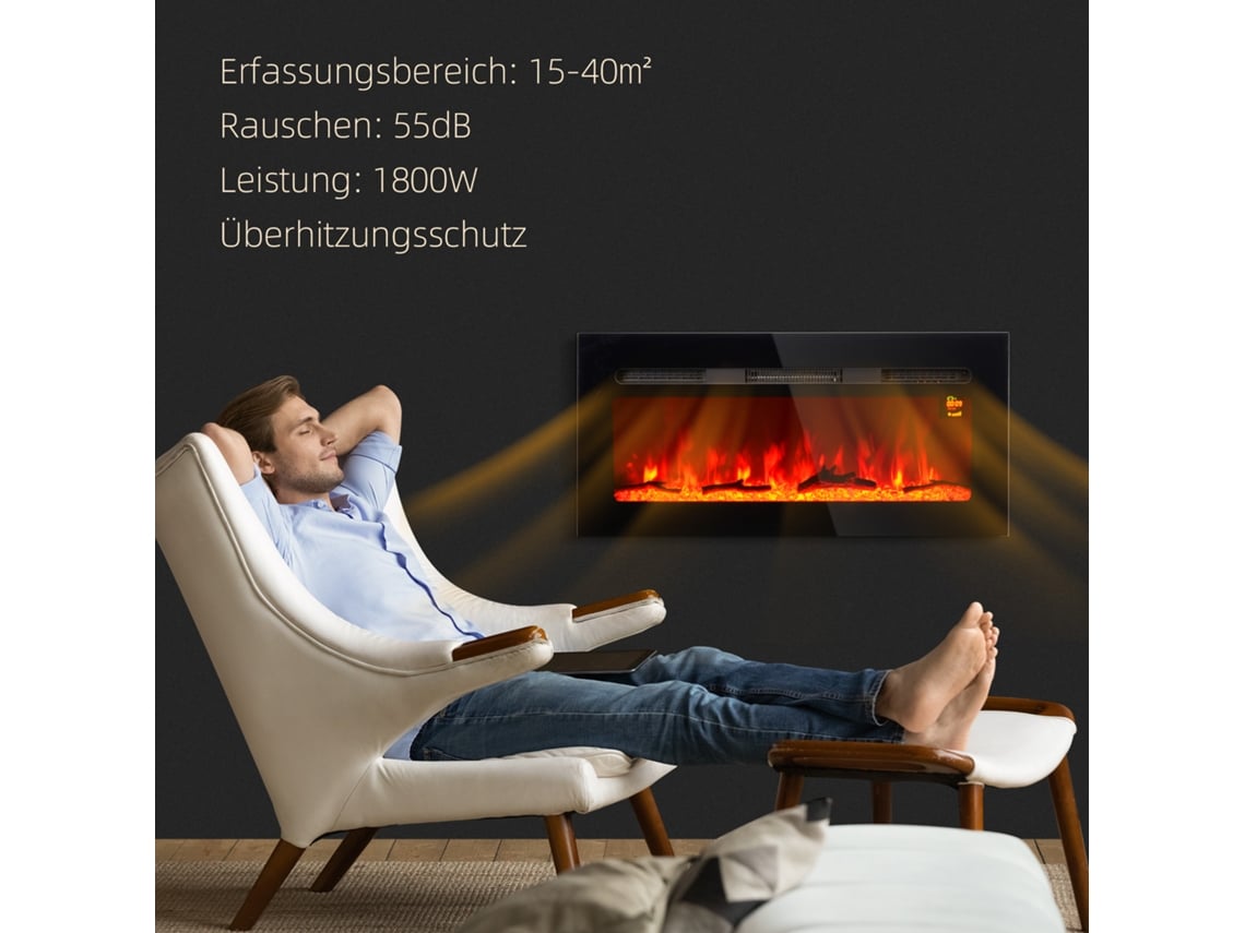Lareira Elétrica Com Suporte De Parede E Controle Remoto, Troncos E Cristais Artificiais, Potência De 1800w, Preta. Sini Tech Store