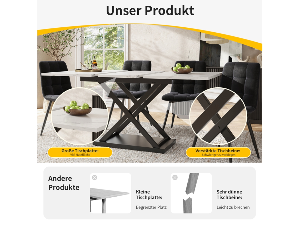 Mesa de jantar retrátil em MDF e metal com tampo efeito mármore branco