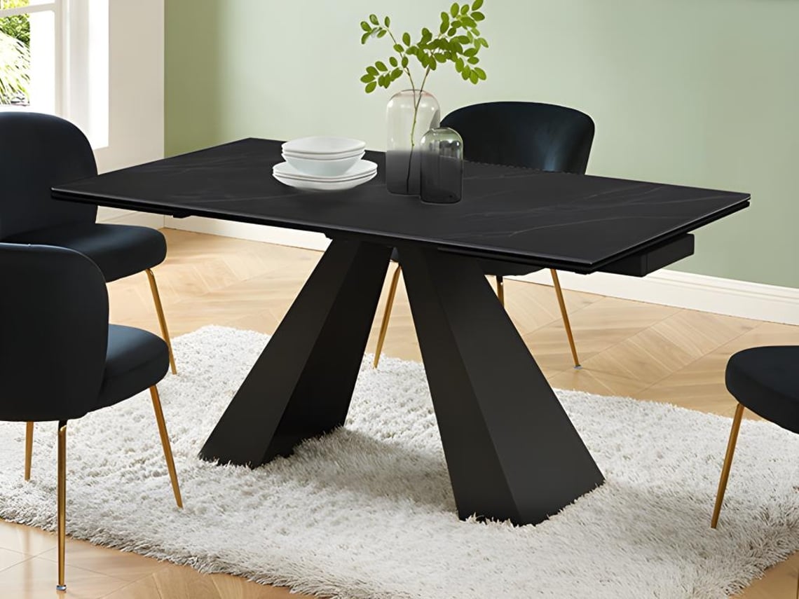 Mesa extensível de jantar para 6 a 10 pessoas em vidro temperado, cerâmica e metal com efeito mármore negro Lozipa de PASCAL MORABITO
