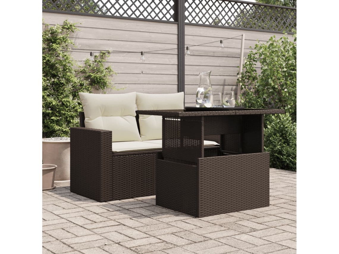 Mesa De Jardim Vime Pe Castanho Com Tampo De Vidro 100x55x73 Cm