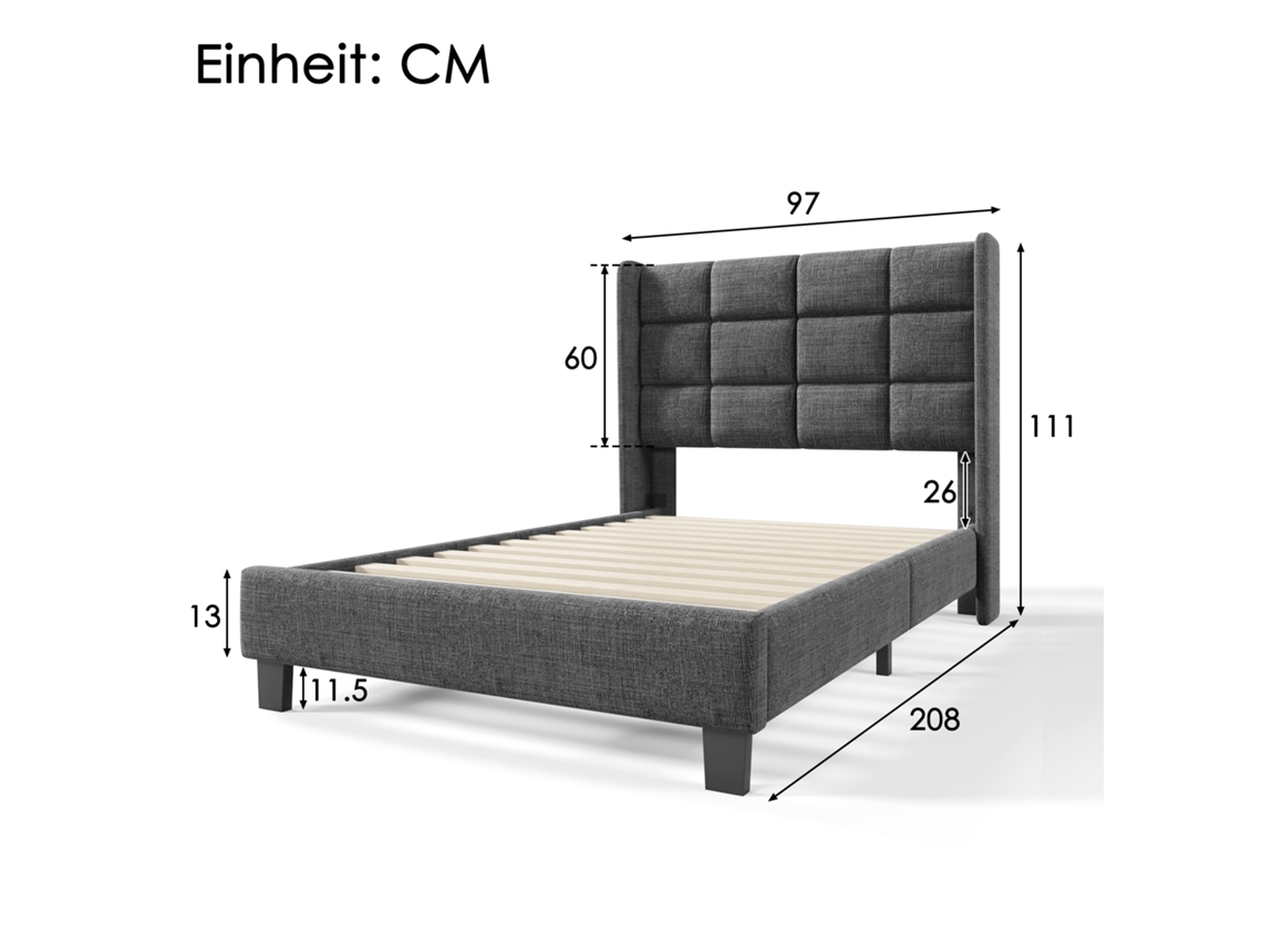 Cama Estofada De Design Moderno Com Sua Cabeceira Cama De Solteiro Com Base Ripada, 90x200cm, Em Linho Cinza, Firme Média Sem Colchão