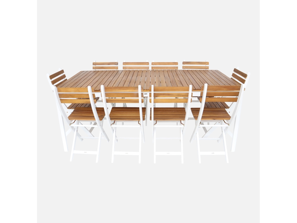 Mesa De Jardim De Acácia Com Cantos Arredondados, 10 Cadeiras, Branco Sweeek