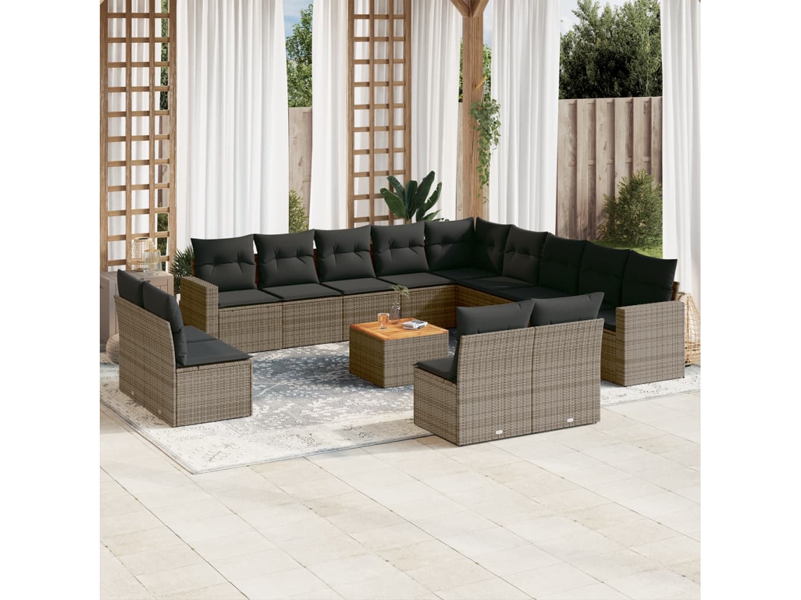 Conjunto 14 sofás p/ jardim c/ almofadões VIDAXL vime PE cinzento