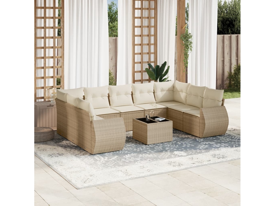 Conjunto 10 de sofás p/ jardim com almofadões VIDAXL vime PE bege