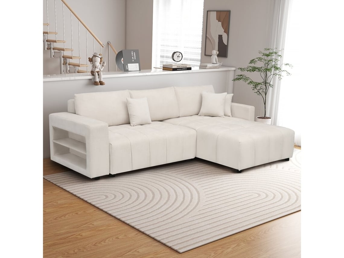 Sofá cama de canto 3 lugares em tecido chenille bege Trocadero PALOZI SOFA (264 x 178 x 88 cm)