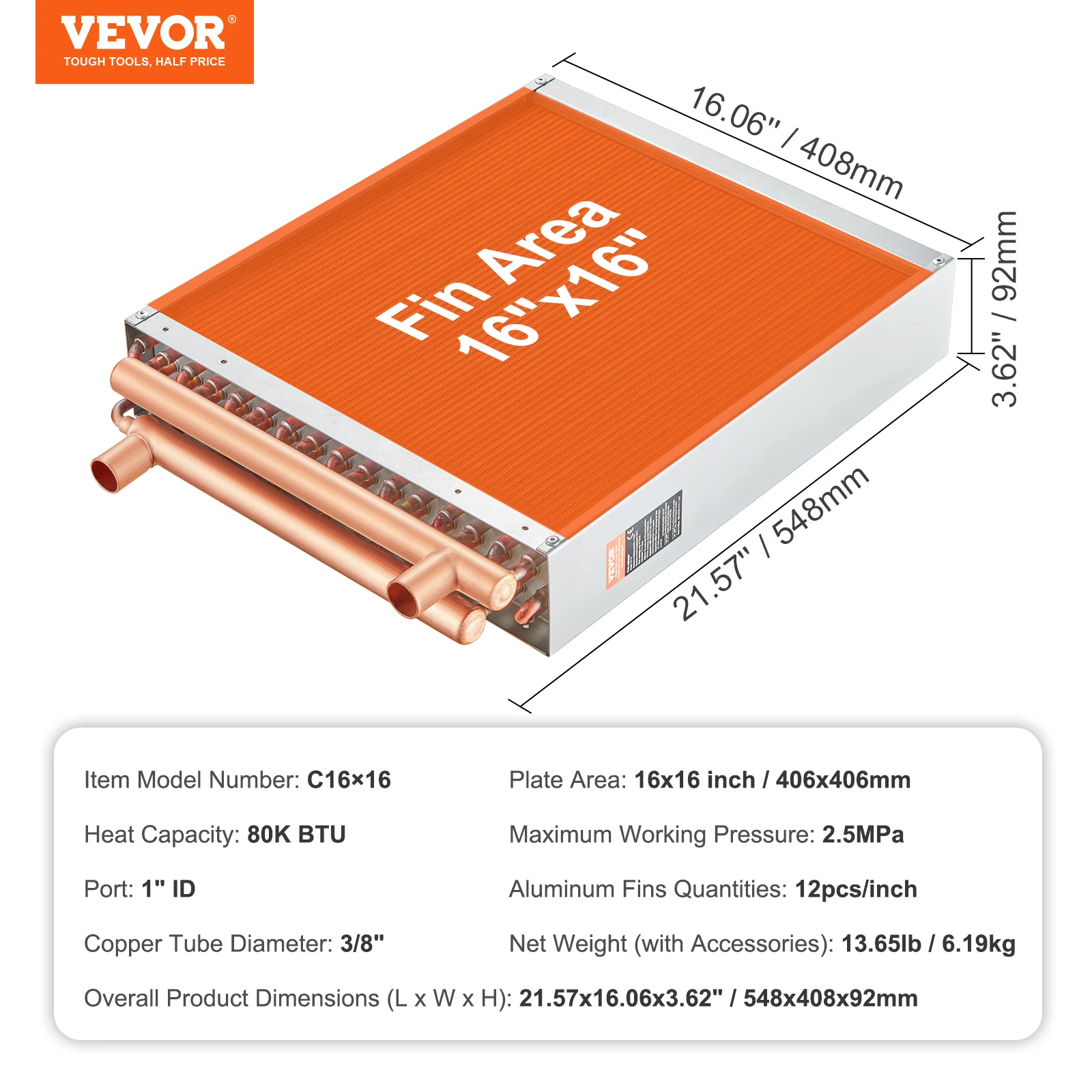 Vevor Trocador De Calor, Vã¡rios Tamanhos Disponã­veis, Alta Capacidade Tã©rmica, Construã§ã£o Durã¡vel Em Cobre,16x16in Oem