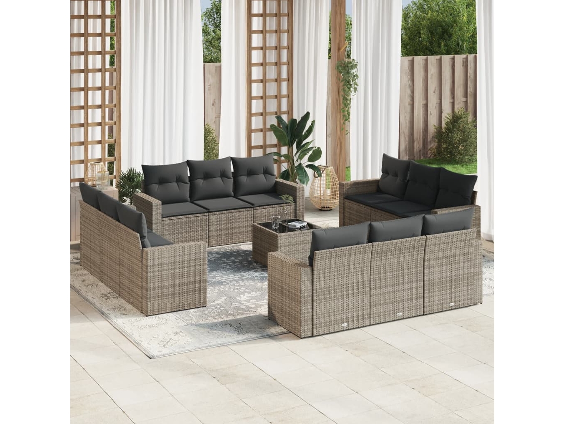 Conjunto 13 sofás p/ jardim c/ almofadões VIDAXL vime PE cinzento