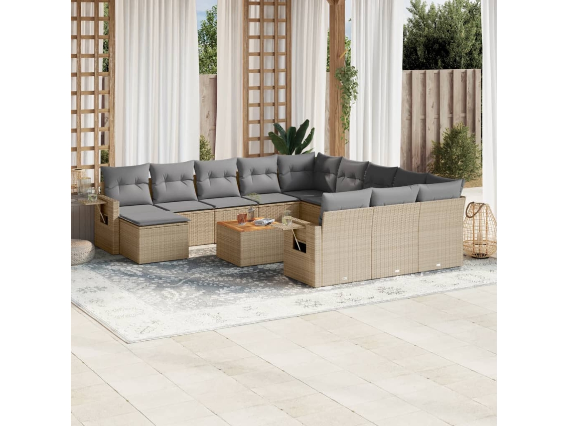 Conjunto 13 de sofás p/ jardim com almofadões VIDAXL vime PE bege