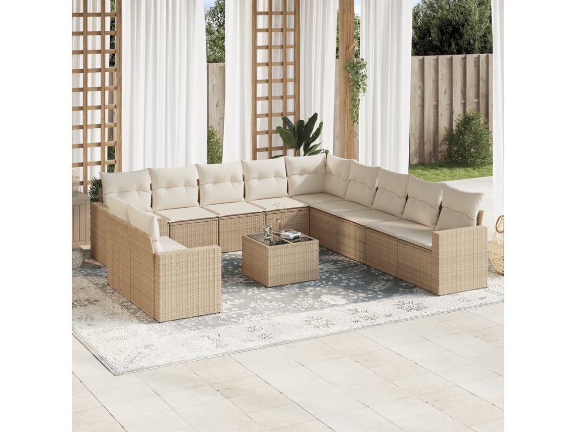 Conjunto 12 de sofás p/ jardim com almofadões VIDAXL vime PE bege