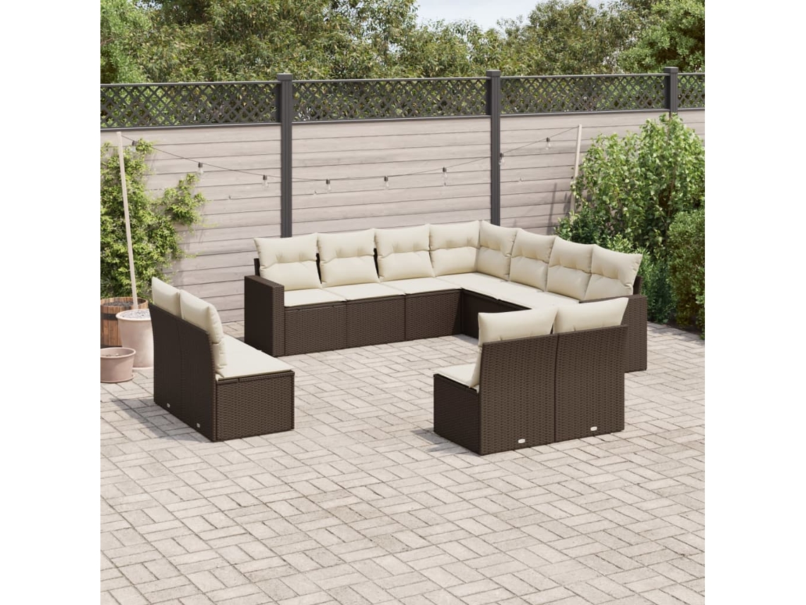 Conjunto 11 sofás de jardim c/ almofadões VIDAXL vime PE castanho