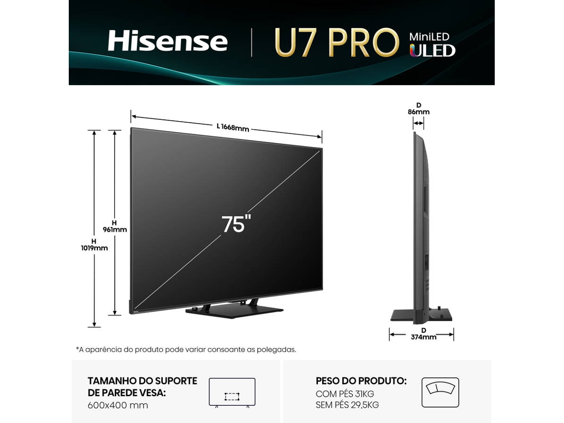 TV HISENSE 75U7Q PRO (Mini LED 165Hz - 75'' - 189 cm - 4k Ultra HD - Smart TV)