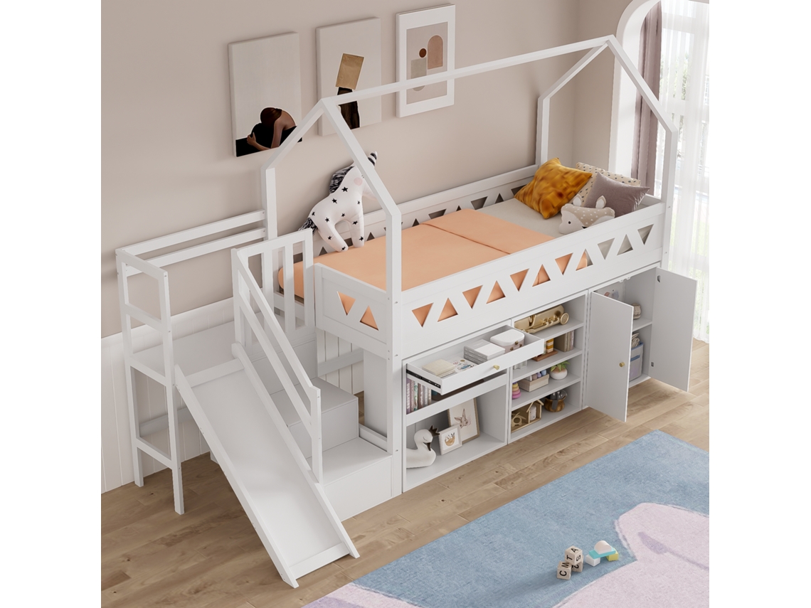 Berço Infantil Multifuncional Com Escorregador, Escadas, Gavetas E Porta Magnética Madeira Maciça, Branco, 90x200 Cm Liptaptyn (sem Colchão)