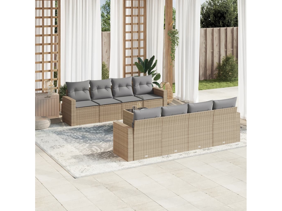 Conjunto 9 de sofás p/ jardim com almofadões vime PE bege