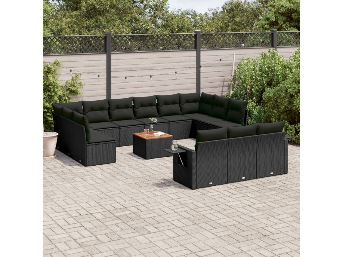 Conjunto 14 de sofás p/ jardim c/ almofadões VIDAXL vime PE preto
