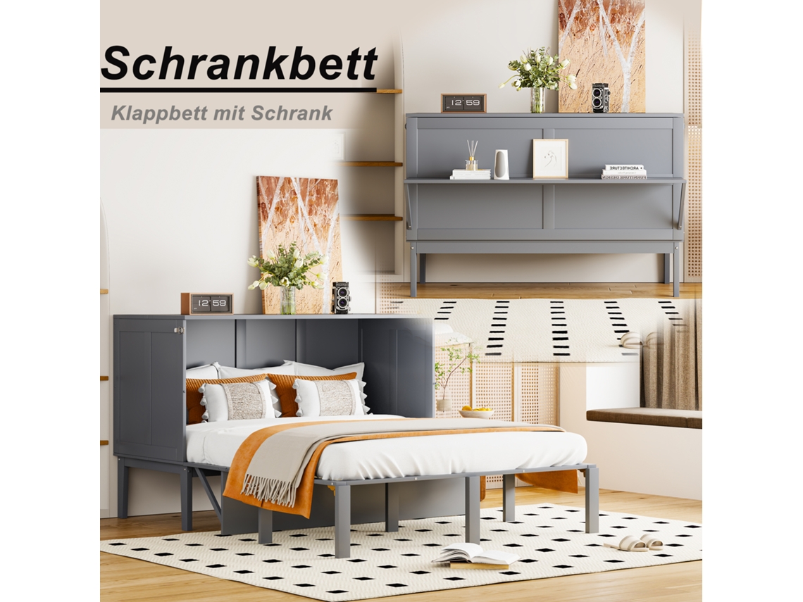 Cama De Parede 140x200cm Com Ripas, Cama Vertical Dobrável Juvenil, Estrutura Cinza Moderna (sem Colchão)