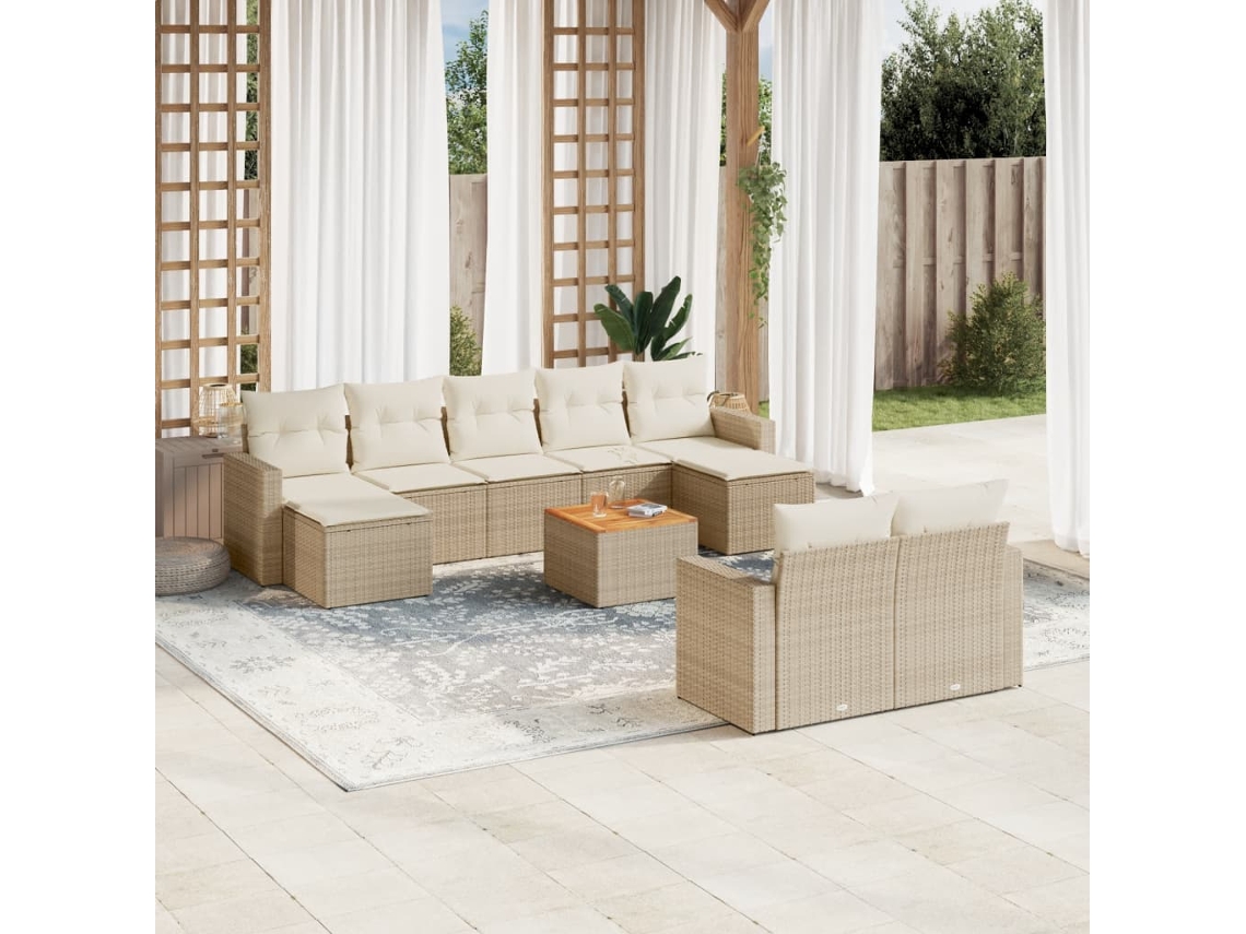 Conjunto 10 de sofás p/ jardim com almofadões VIDAXL vime PE bege