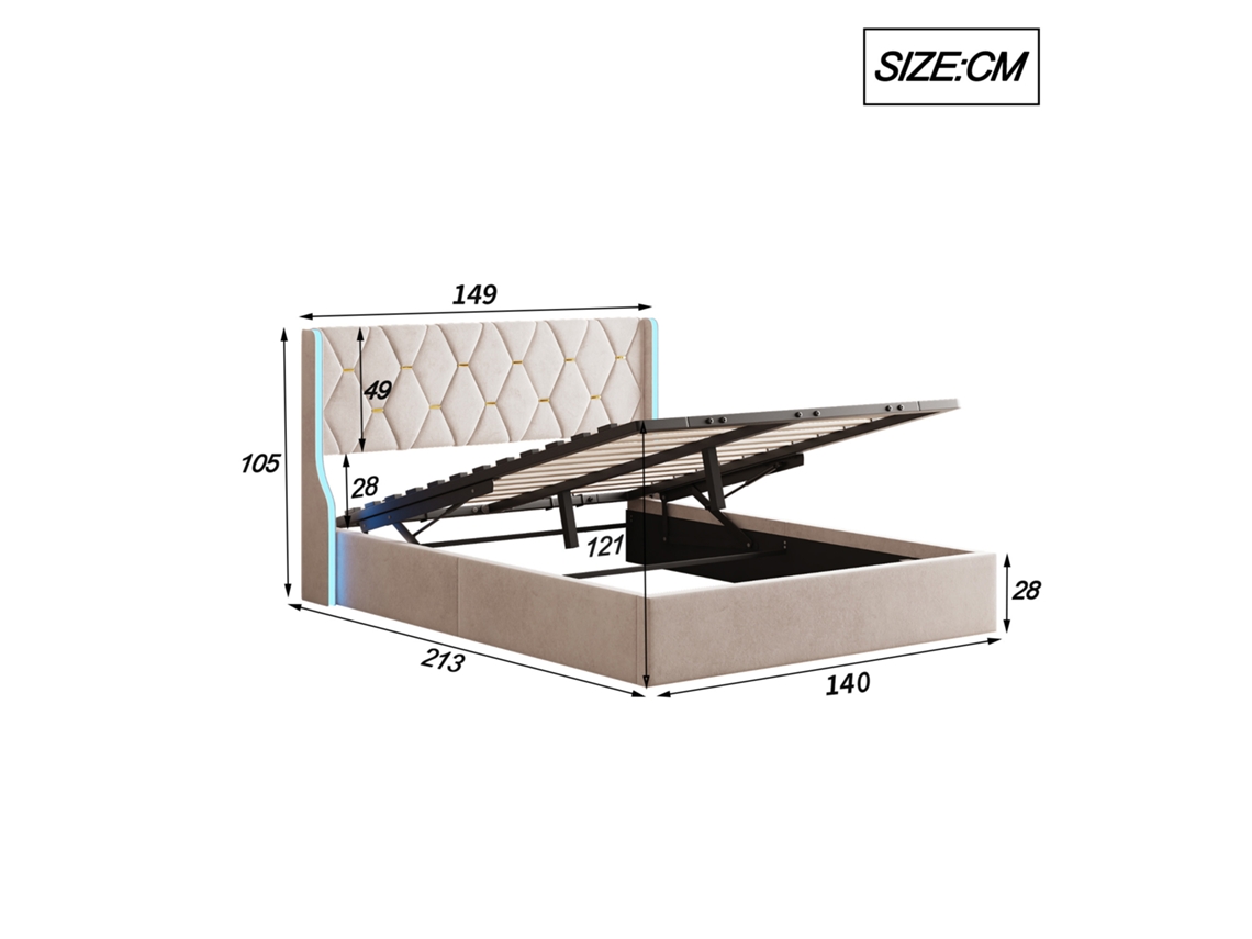 Cama De Casal Estofada 140x200 Cm, Cama Com Arrumação, Estrutura De Cama Com Estrado De Ripas E Iluminação Led, Cama Juvenil, Cama Estofada Mexus