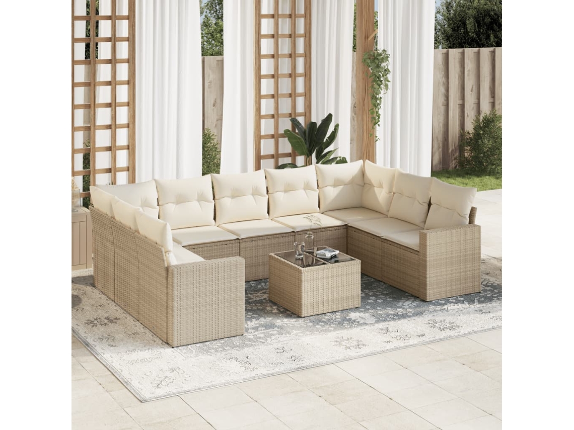 Conjunto 10 de sofás p/ jardim com almofadões VIDAXL vime PE bege