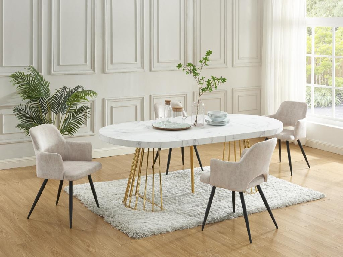 Mesa de Comedor Extensible de 2 a 12 Comensales En Mdf Y Acero Efecto Mármol Blanco Y Dorado Firela VENTE-UNIQUE