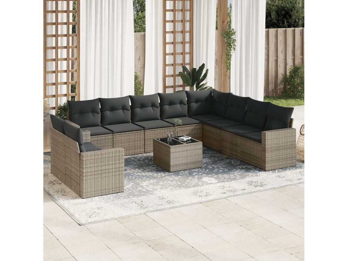 Conjunto 11 sofás de jardim c/ almofadões VIDAXL vime PE cinzento