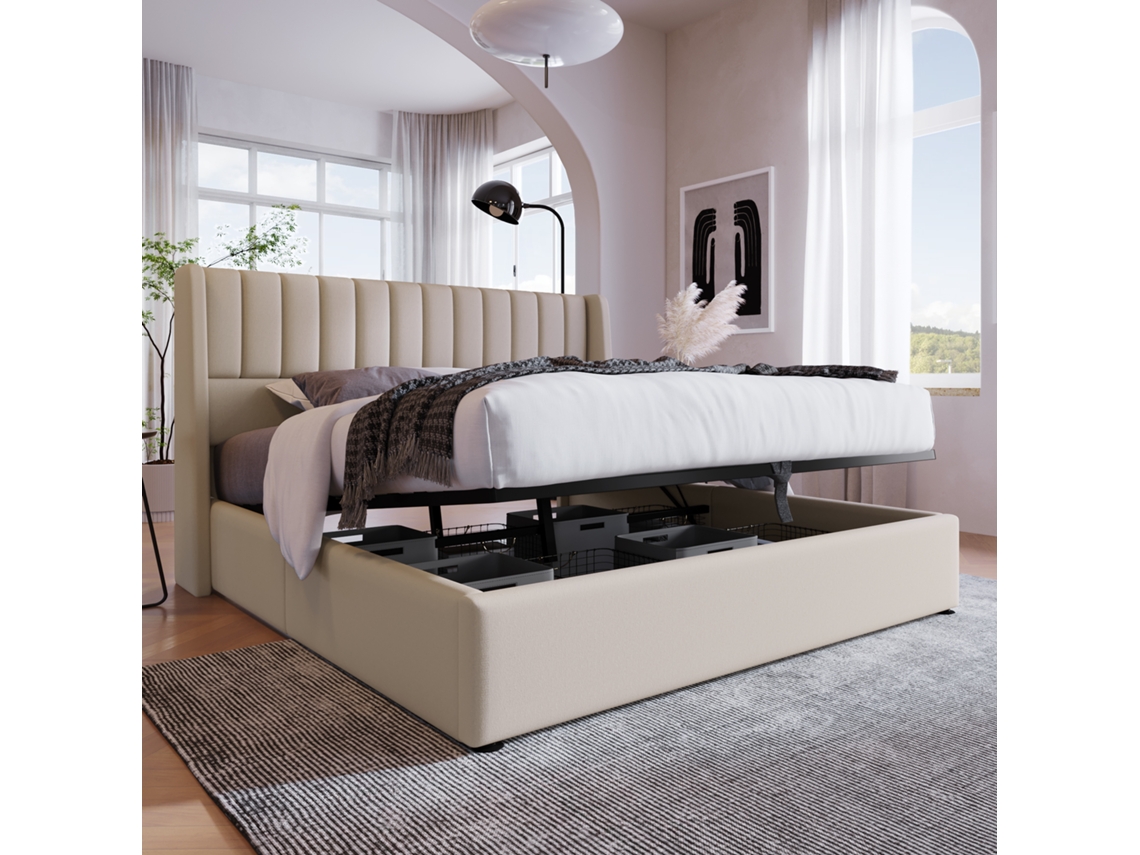 Cama De Arrumação Cama Estofada Cama De Casal Hidráulica 160x200cm, Base Ripada De Madeira, Cama Com Estrutura Metálica Cama Base, Roupa De Cama, Bege