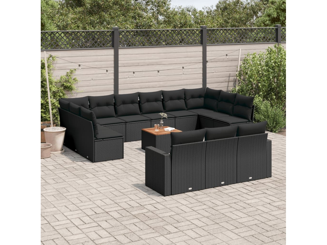 Conjunto 14 de sofás p/ jardim c/ almofadões VIDAXL vime PE preto