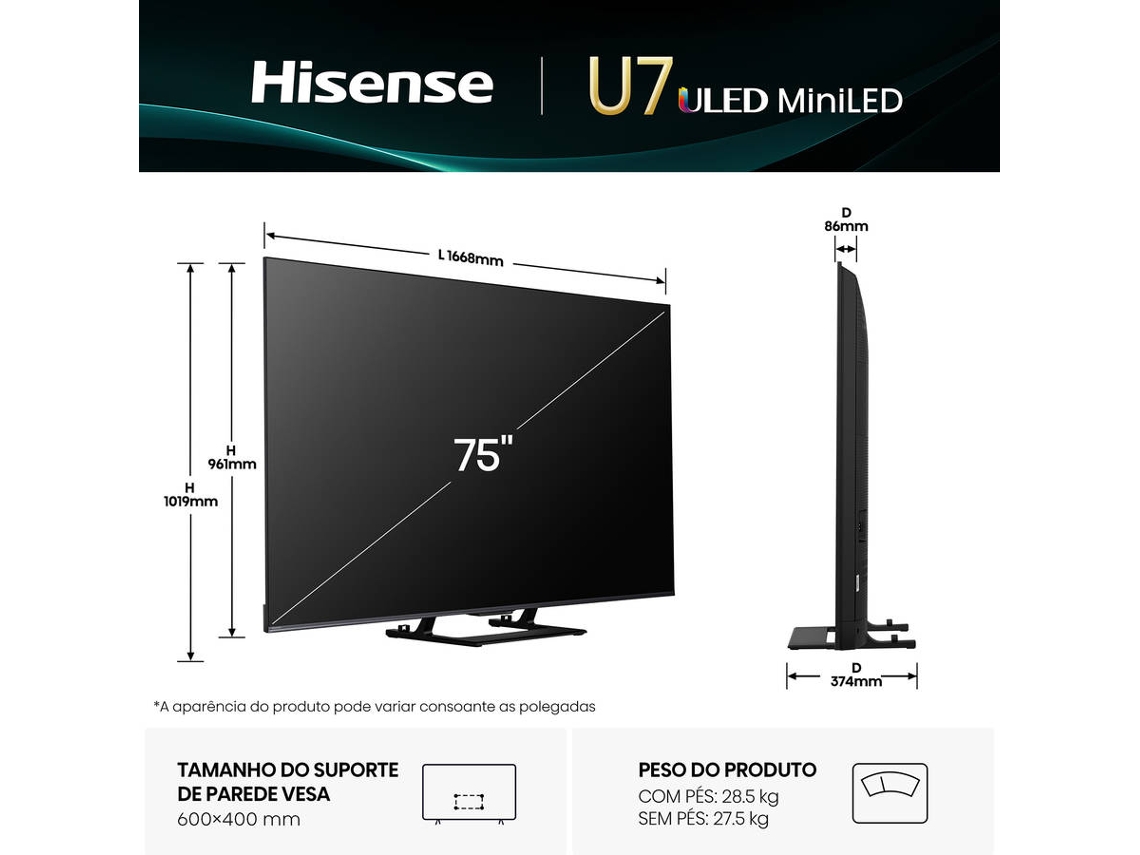 TV HISENSE 75U7Q (LED - 75'' - 189 cm - 4K Ultra HD - Smart TV)